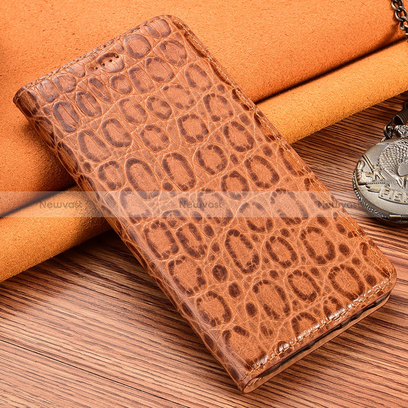 Leather Case Stands Flip Cover Holder H16P for HTC Desire 22 Pro 5G Light Brown