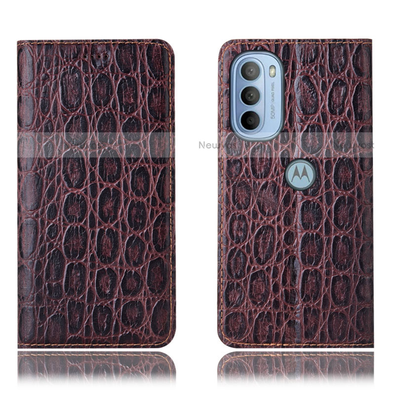 Leather Case Stands Flip Cover Holder H16P for Motorola Moto G31 Brown