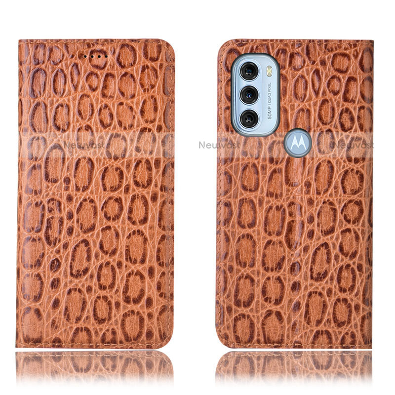 Leather Case Stands Flip Cover Holder H16P for Motorola Moto G71 5G Light Brown