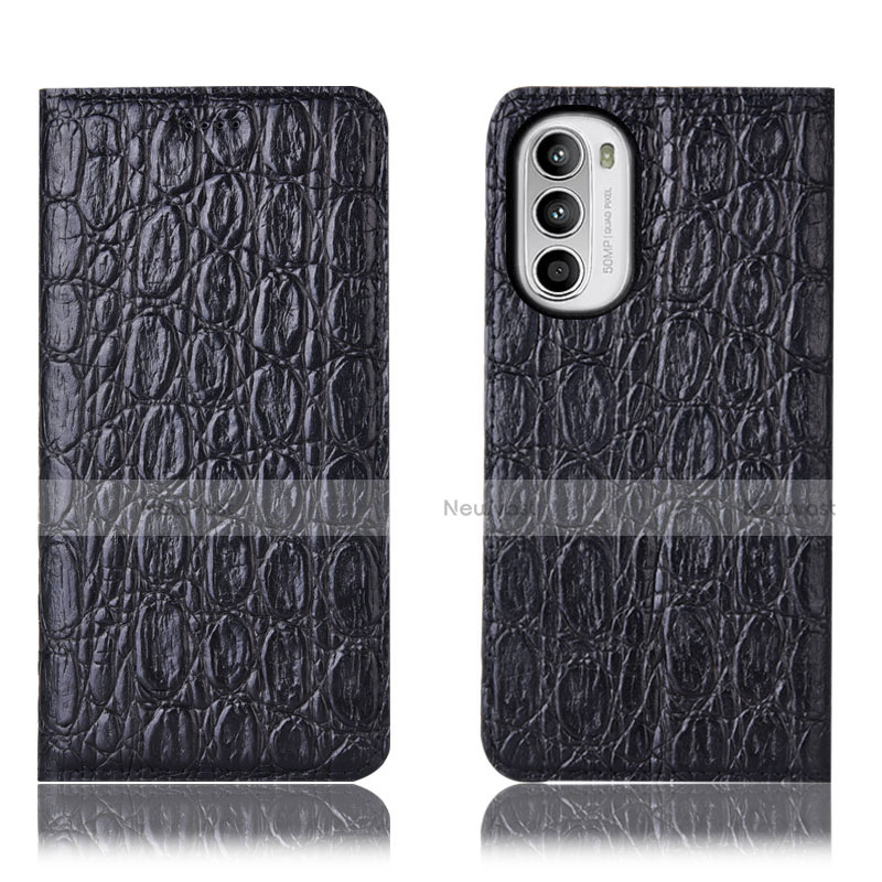 Leather Case Stands Flip Cover Holder H16P for Motorola Moto G71s 5G Black