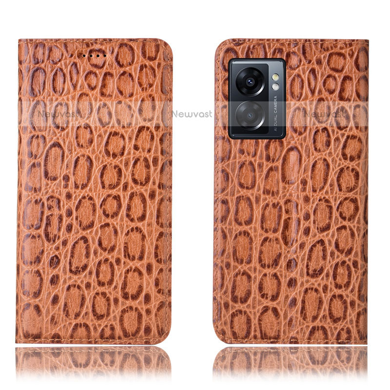 Leather Case Stands Flip Cover Holder H16P for OnePlus Nord N300 5G Light Brown