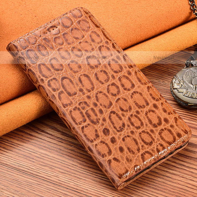 Leather Case Stands Flip Cover Holder H16P for Oppo A54 4G Light Brown