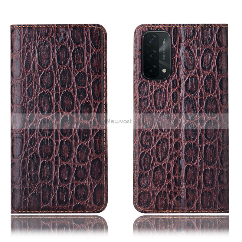 Leather Case Stands Flip Cover Holder H16P for Oppo A54 5G Brown