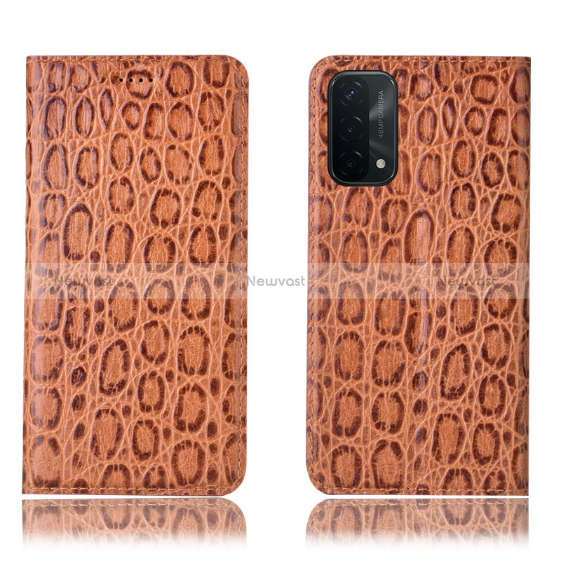 Leather Case Stands Flip Cover Holder H16P for Oppo A54 5G Light Brown