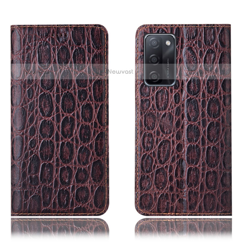 Leather Case Stands Flip Cover Holder H16P for Oppo A55S 5G Brown
