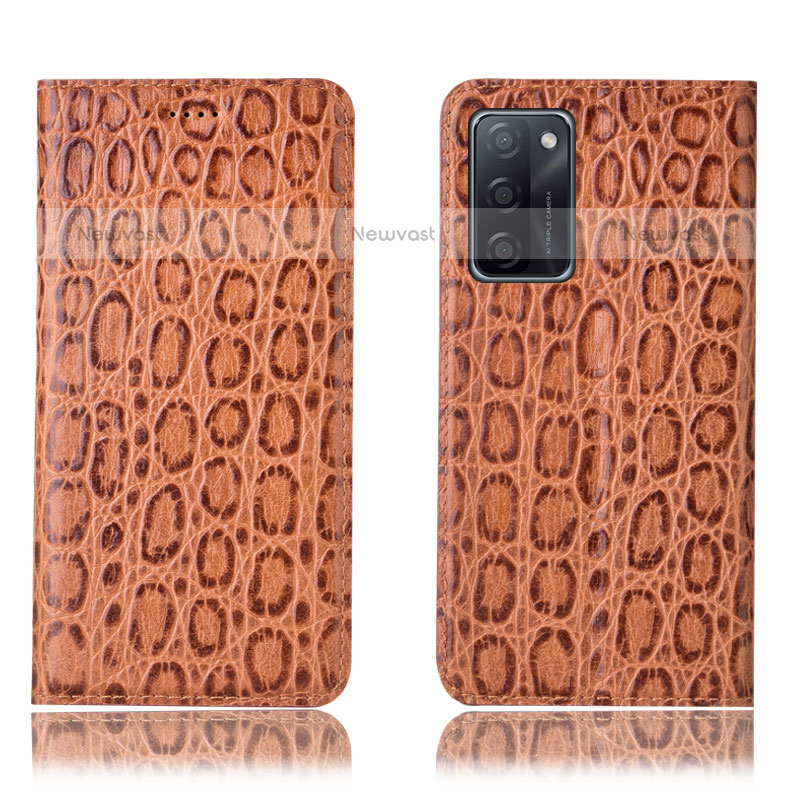 Leather Case Stands Flip Cover Holder H16P for Oppo A55S 5G Light Brown
