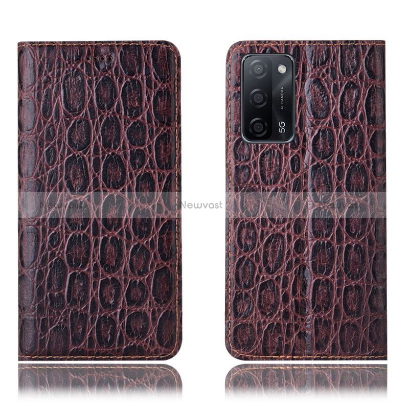 Leather Case Stands Flip Cover Holder H16P for Oppo A56 5G Brown