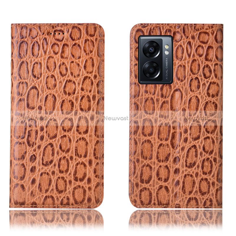 Leather Case Stands Flip Cover Holder H16P for Oppo A56S 5G Light Brown