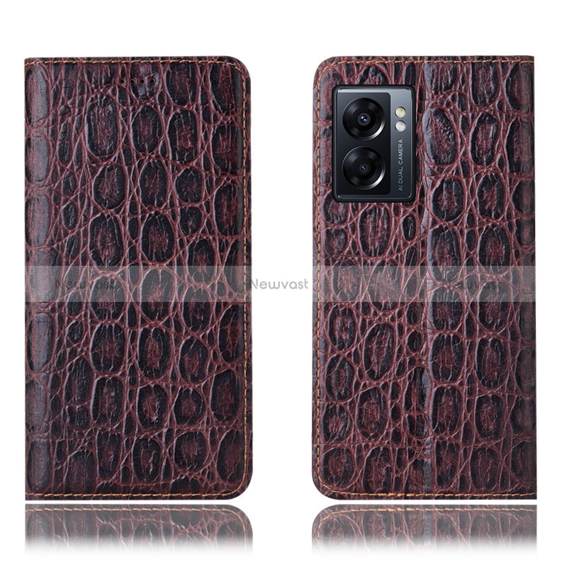 Leather Case Stands Flip Cover Holder H16P for Oppo A57 5G Brown