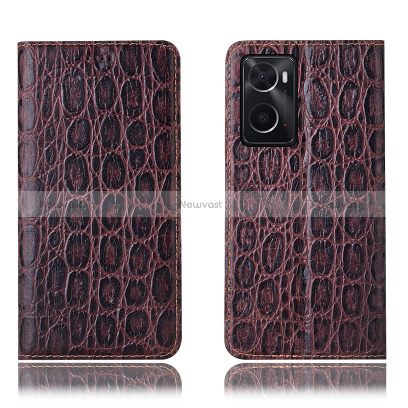 Leather Case Stands Flip Cover Holder H16P for Oppo A76 Brown