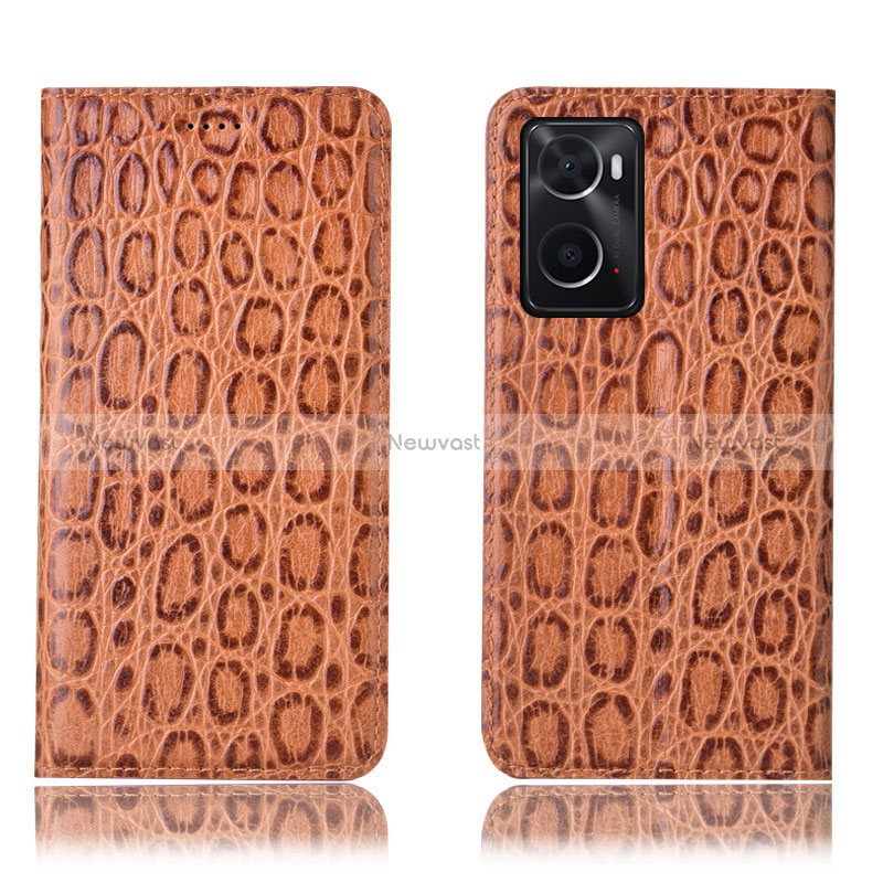 Leather Case Stands Flip Cover Holder H16P for Oppo A76 Light Brown