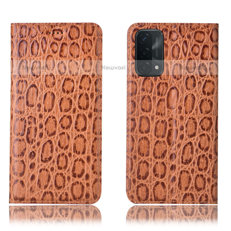 Leather Case Stands Flip Cover Holder H16P for Oppo A93 5G Light Brown