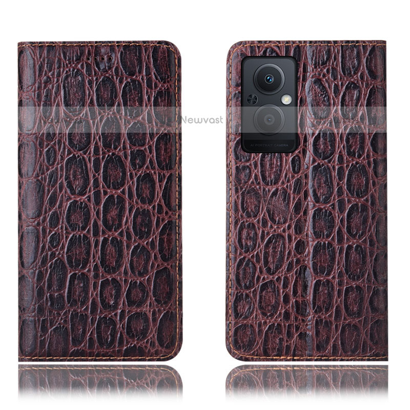 Leather Case Stands Flip Cover Holder H16P for Oppo F21 Pro 5G Brown