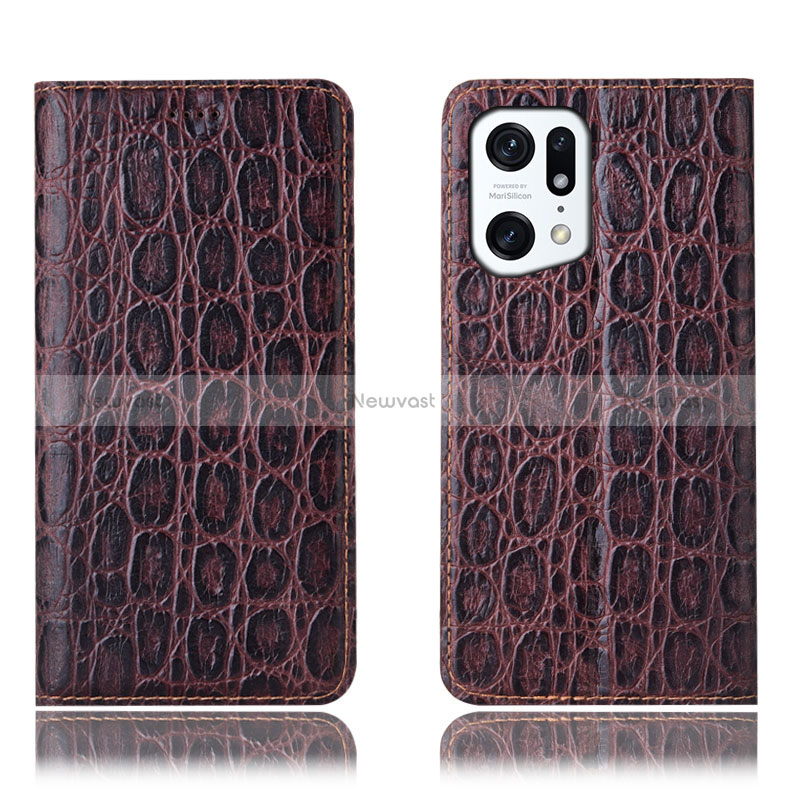 Leather Case Stands Flip Cover Holder H16P for Oppo Find X5 5G Brown