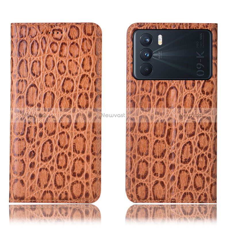 Leather Case Stands Flip Cover Holder H16P for Oppo K9 Pro 5G Light Brown