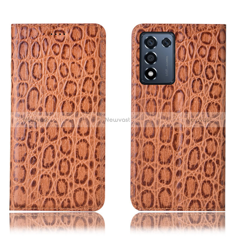 Leather Case Stands Flip Cover Holder H16P for Oppo K9S 5G Light Brown