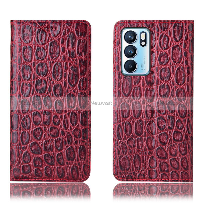 Leather Case Stands Flip Cover Holder H16P for Oppo Reno6 5G Red