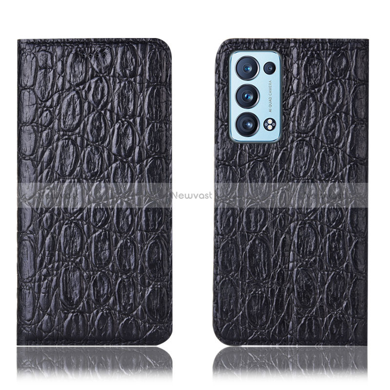 Leather Case Stands Flip Cover Holder H16P for Oppo Reno6 Pro 5G Black