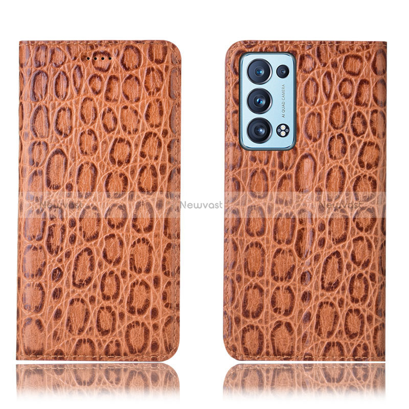 Leather Case Stands Flip Cover Holder H16P for Oppo Reno6 Pro 5G Light Brown