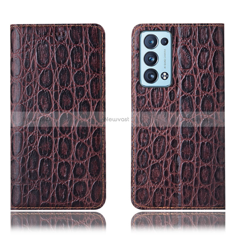 Leather Case Stands Flip Cover Holder H16P for Oppo Reno6 Pro+ Plus 5G Brown