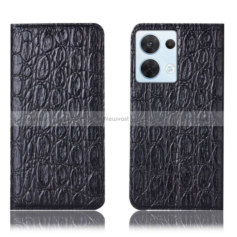 Leather Case Stands Flip Cover Holder H16P for Oppo Reno8 5G Black