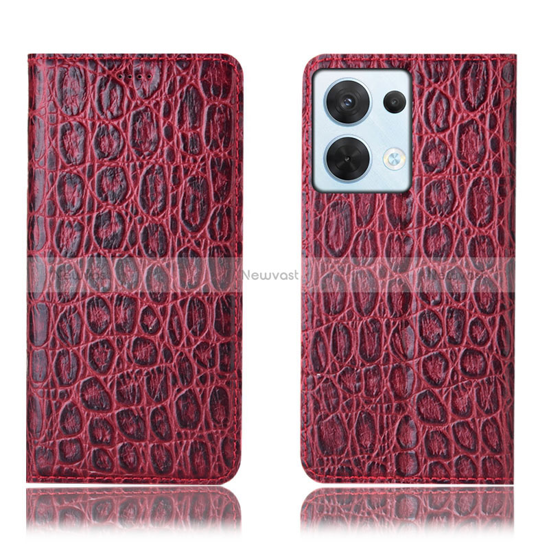 Leather Case Stands Flip Cover Holder H16P for Oppo Reno8 5G Red