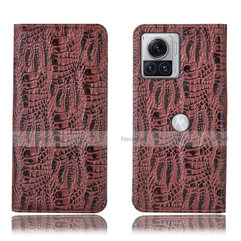 Leather Case Stands Flip Cover Holder H17P for Motorola Moto Edge 30 Ultra 5G Brown