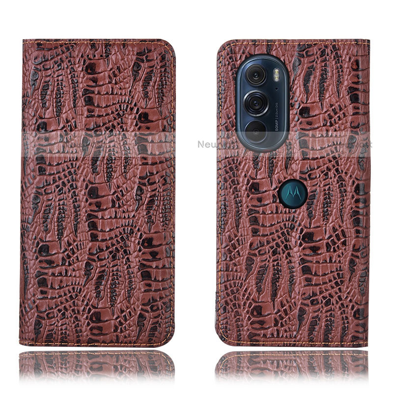 Leather Case Stands Flip Cover Holder H17P for Motorola Moto Edge X30 5G Brown