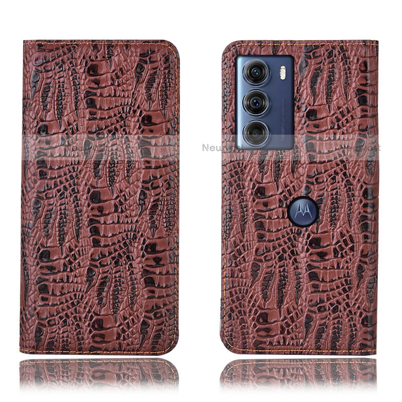 Leather Case Stands Flip Cover Holder H17P for Motorola Moto G200 5G Brown