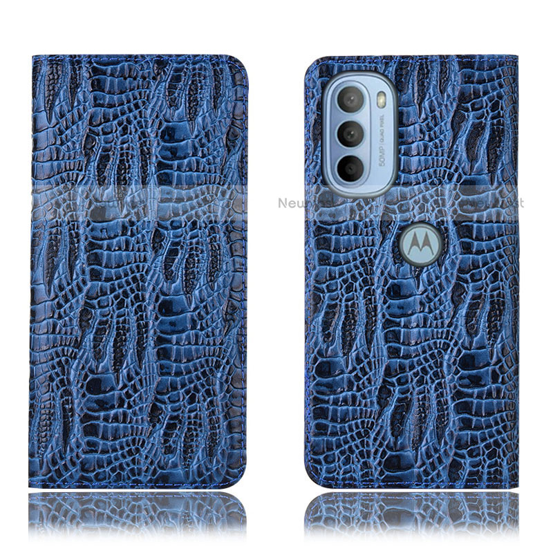 Leather Case Stands Flip Cover Holder H17P for Motorola Moto G31 Blue