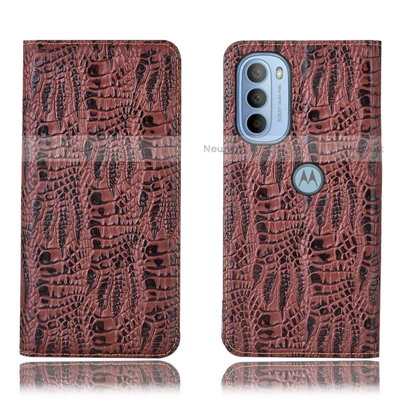 Leather Case Stands Flip Cover Holder H17P for Motorola Moto G31 Brown