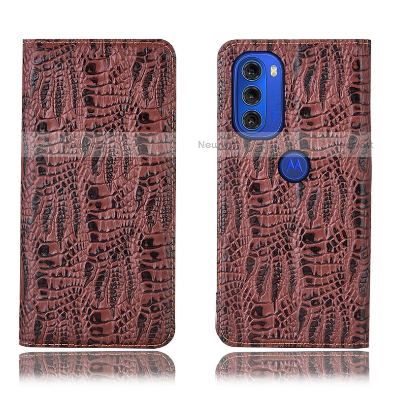 Leather Case Stands Flip Cover Holder H17P for Motorola Moto G51 5G Brown