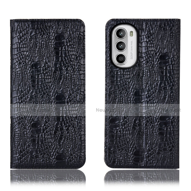 Leather Case Stands Flip Cover Holder H17P for Motorola MOTO G52 Black