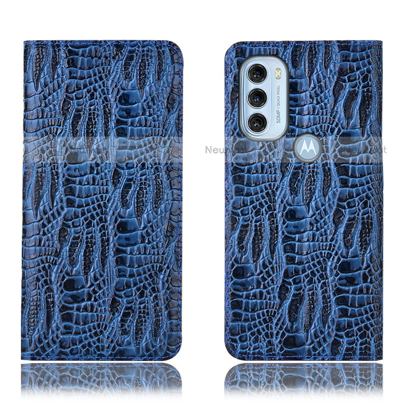 Leather Case Stands Flip Cover Holder H17P for Motorola Moto G71 5G Blue