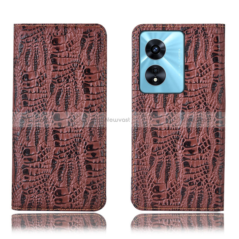Leather Case Stands Flip Cover Holder H17P for Oppo A18 Brown