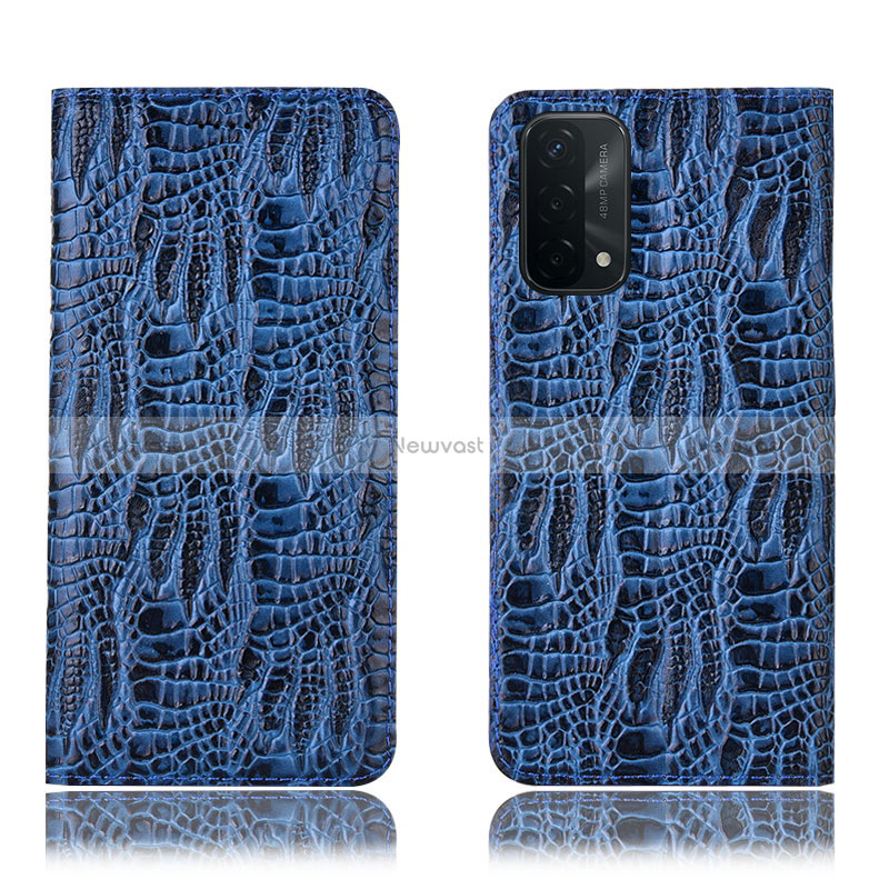 Leather Case Stands Flip Cover Holder H17P for Oppo A54 5G Blue