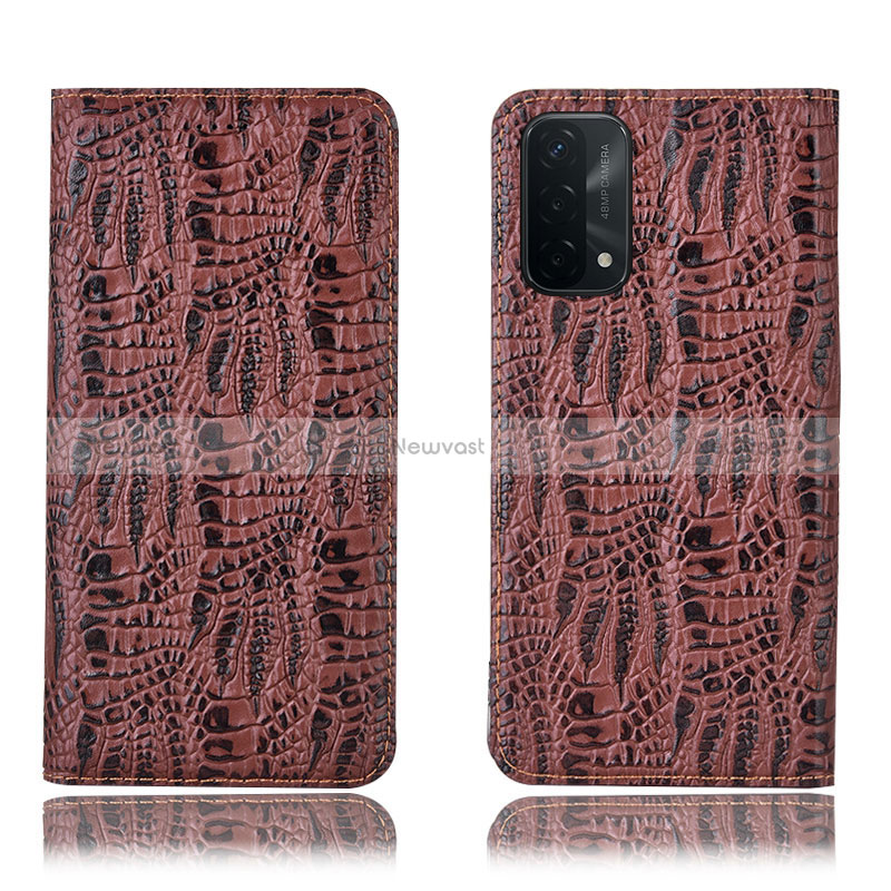 Leather Case Stands Flip Cover Holder H17P for Oppo A54 5G Brown