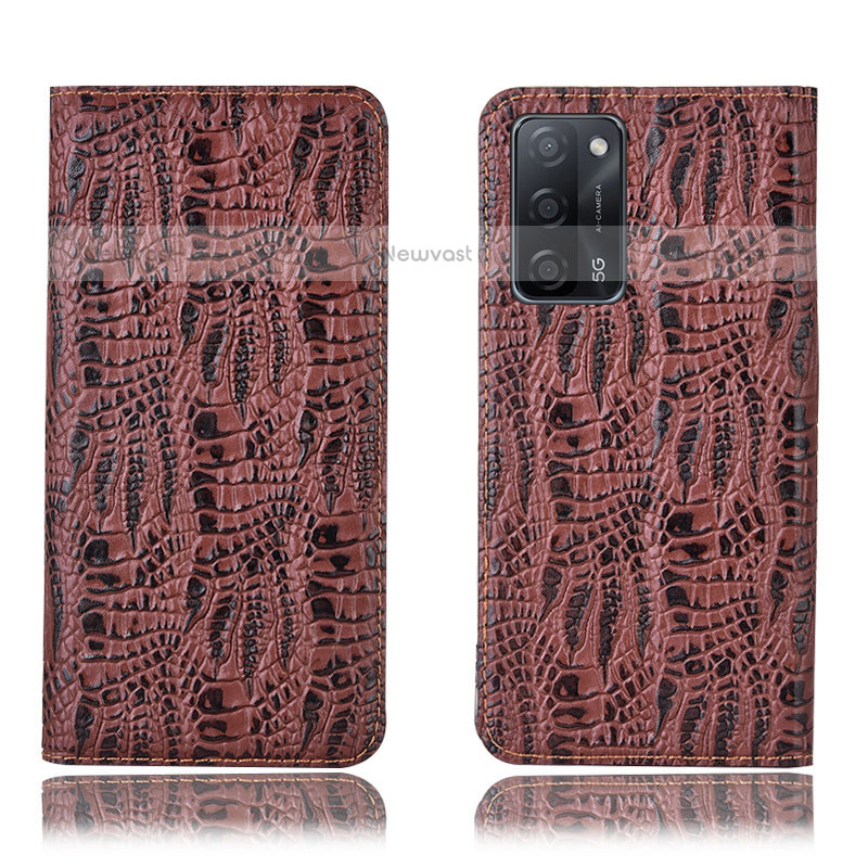 Leather Case Stands Flip Cover Holder H17P for Oppo A55 5G Brown