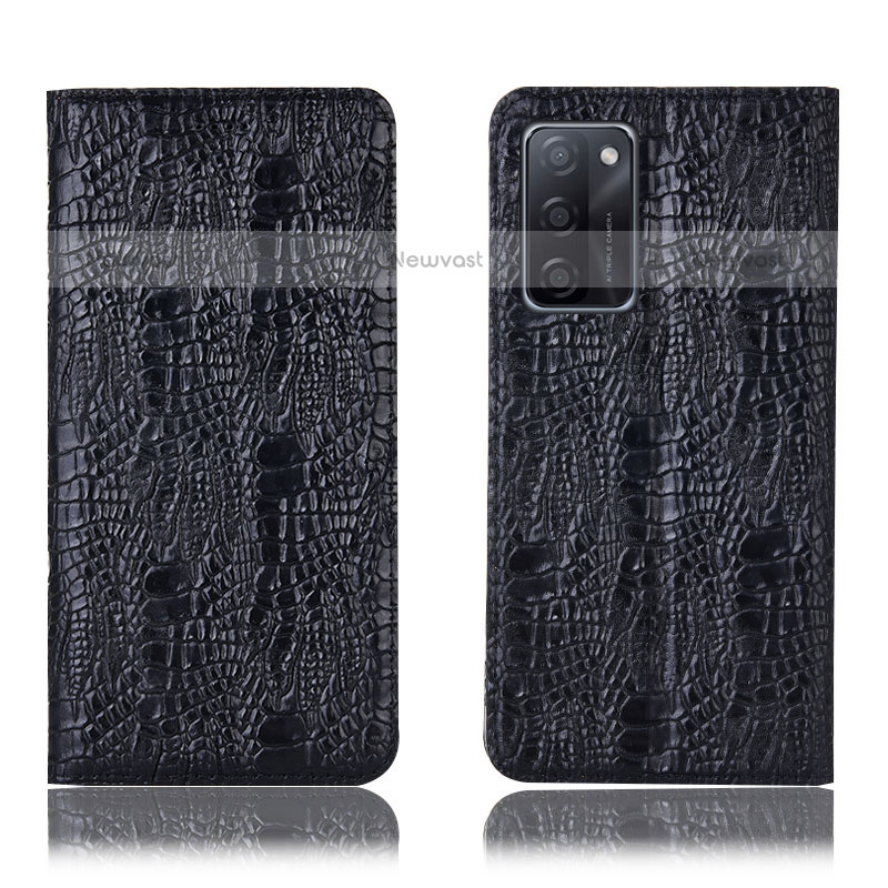 Leather Case Stands Flip Cover Holder H17P for Oppo A55S 5G Black