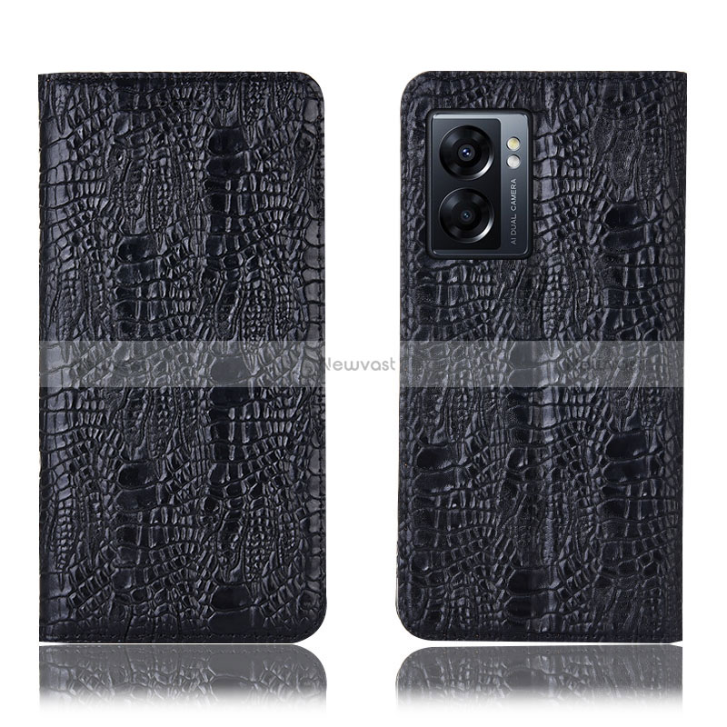 Leather Case Stands Flip Cover Holder H17P for Oppo A56S 5G Black