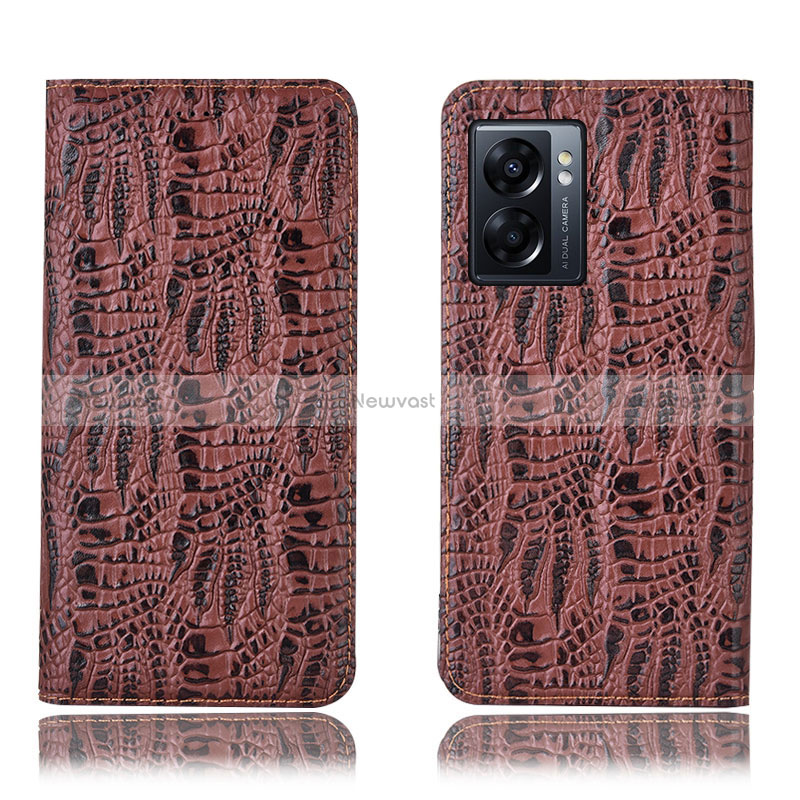 Leather Case Stands Flip Cover Holder H17P for Oppo A56S 5G Brown