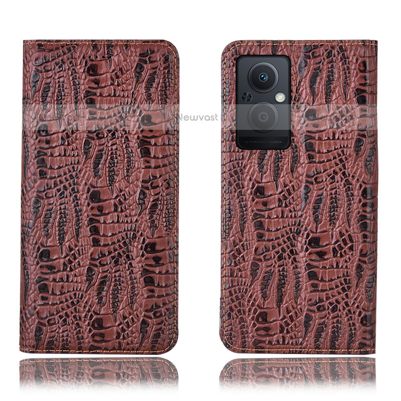 Leather Case Stands Flip Cover Holder H17P for Oppo F21s Pro 5G Brown