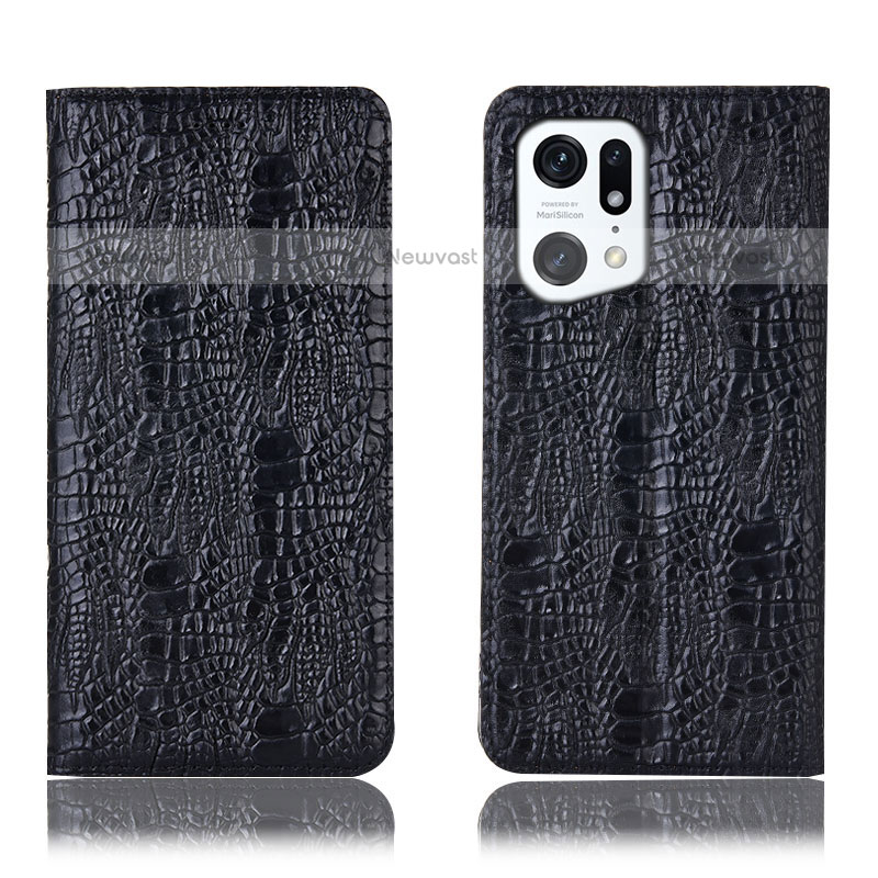 Leather Case Stands Flip Cover Holder H17P for Oppo Find X5 Pro 5G Black