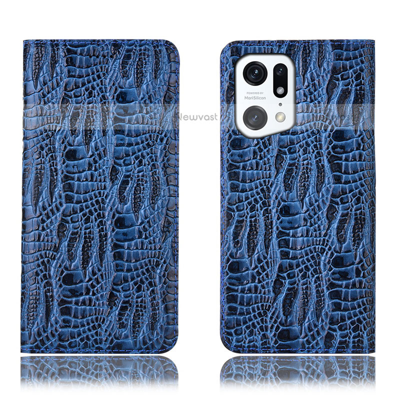 Leather Case Stands Flip Cover Holder H17P for Oppo Find X5 Pro 5G Blue