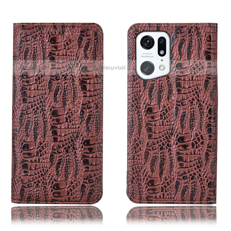 Leather Case Stands Flip Cover Holder H17P for Oppo Find X5 Pro 5G Brown