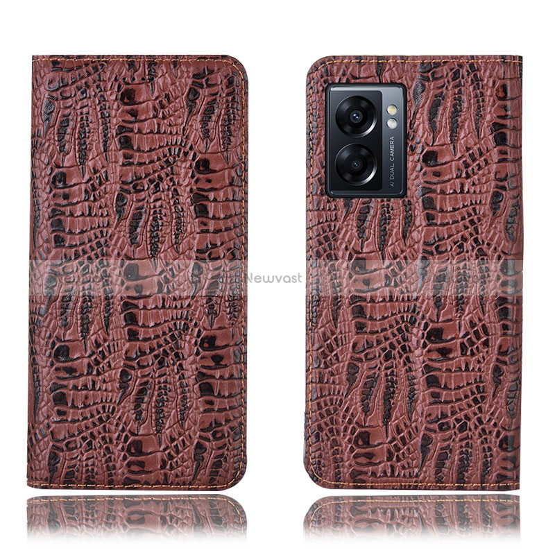 Leather Case Stands Flip Cover Holder H17P for Oppo K10 5G India Brown