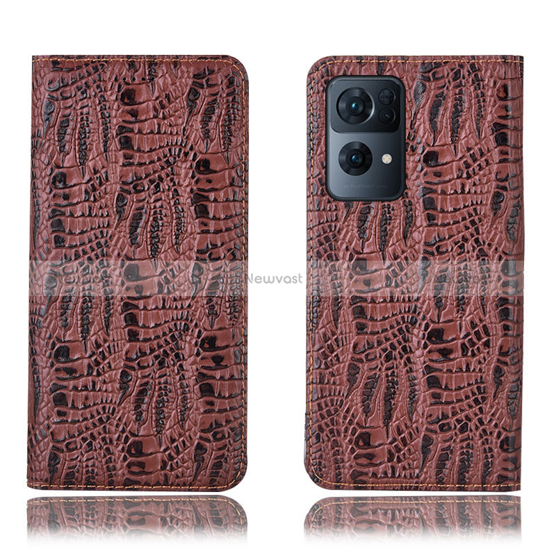 Leather Case Stands Flip Cover Holder H17P for Oppo Reno7 Pro 5G Brown