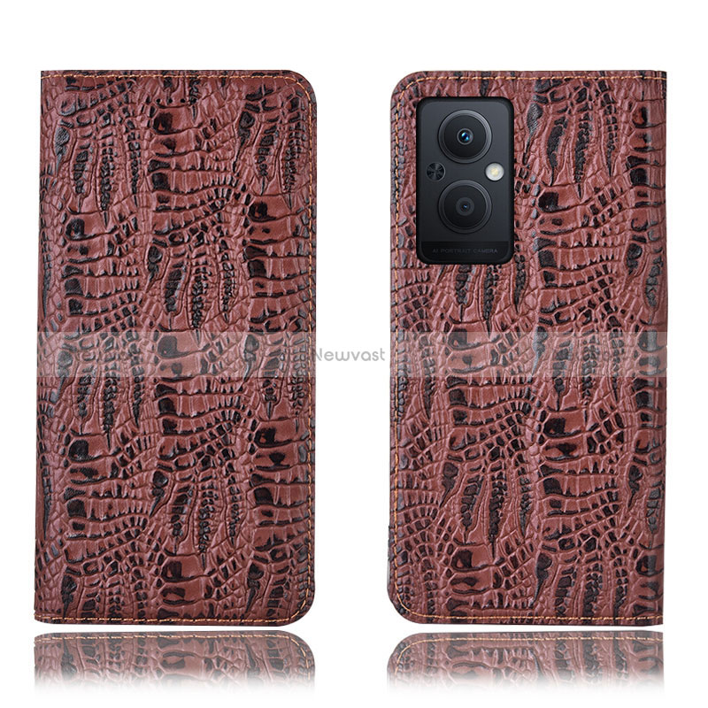 Leather Case Stands Flip Cover Holder H17P for Oppo Reno8 Z 5G Brown