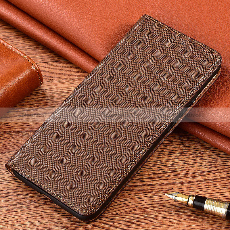 Leather Case Stands Flip Cover Holder H17P for Samsung Galaxy A03 Brown