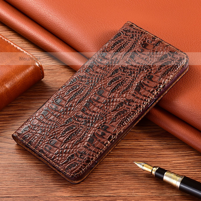 Leather Case Stands Flip Cover Holder H17P for Samsung Galaxy A12 Brown